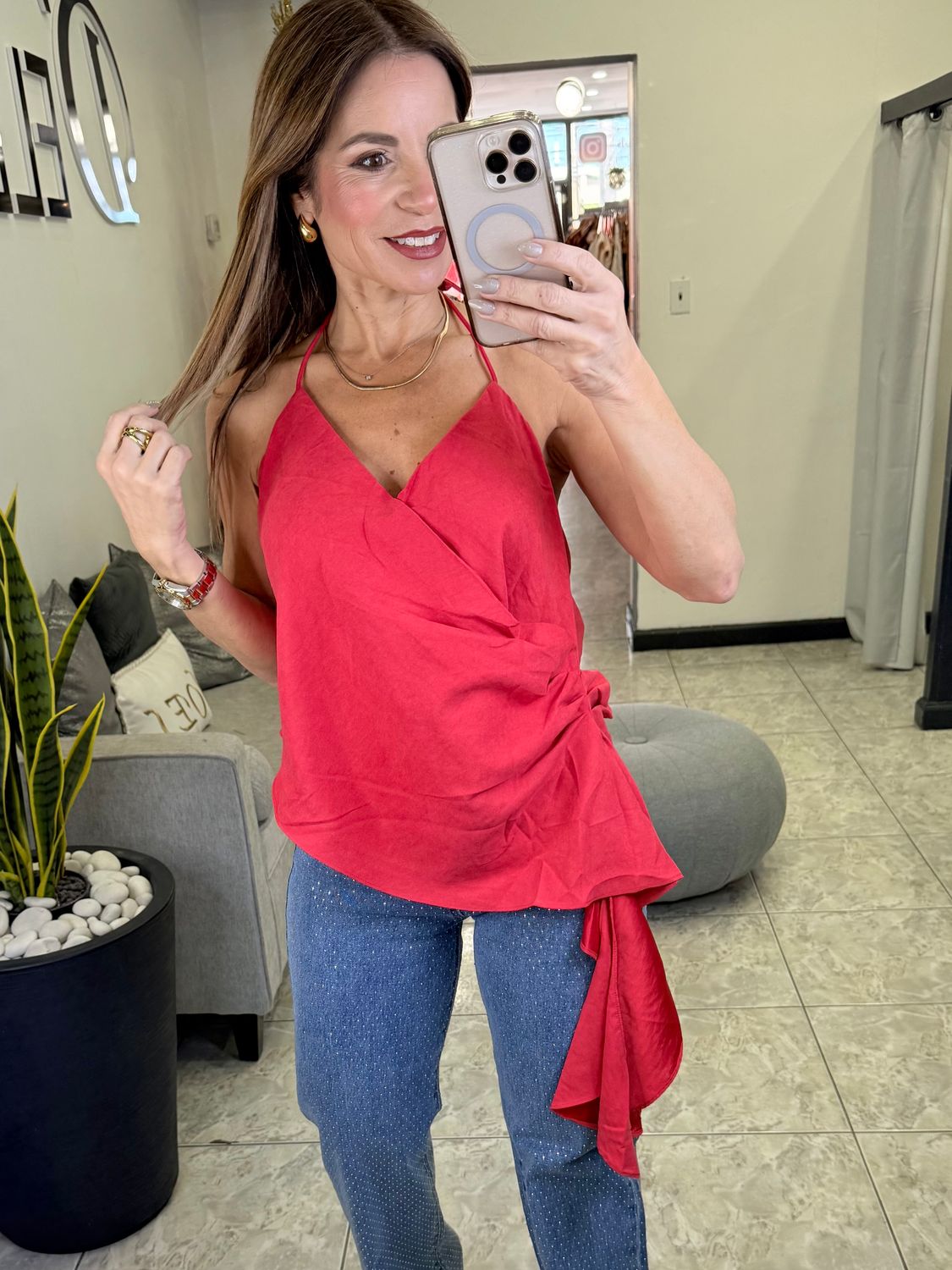 Red, Black Or Chocolate Halter Open Back Top