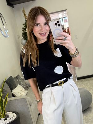 Black/Off White Pearls Trim Polka Dot Knit Top