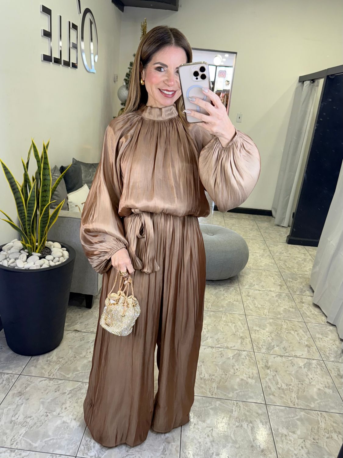 Lt Mocha Long Sleeves Elastic Back Waisted Jumpsuit 