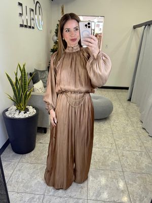 Lt Mocha Long Sleeves Elastic Back Waisted Jumpsuit 