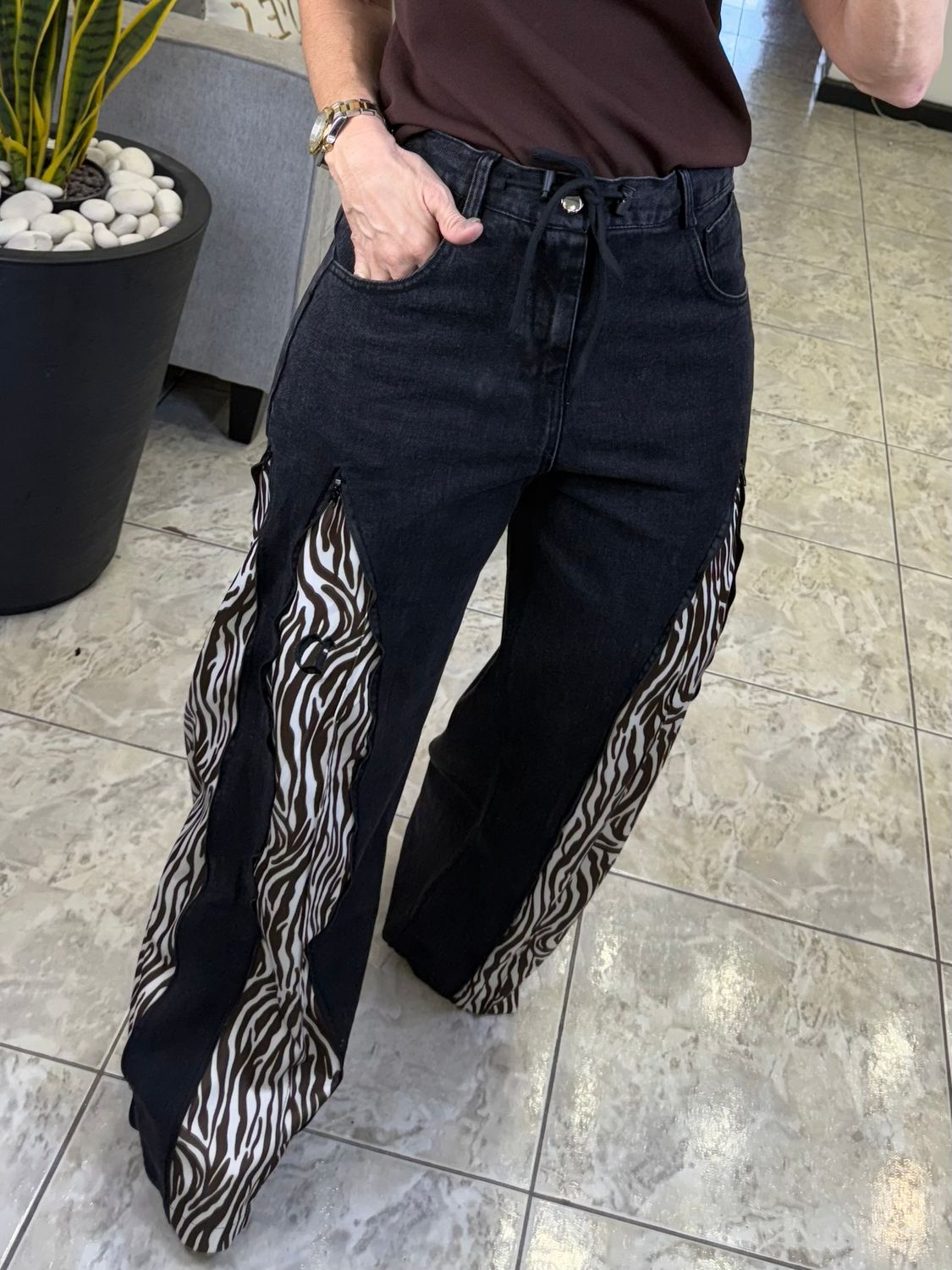 Black Denim Zebra Accent Pants