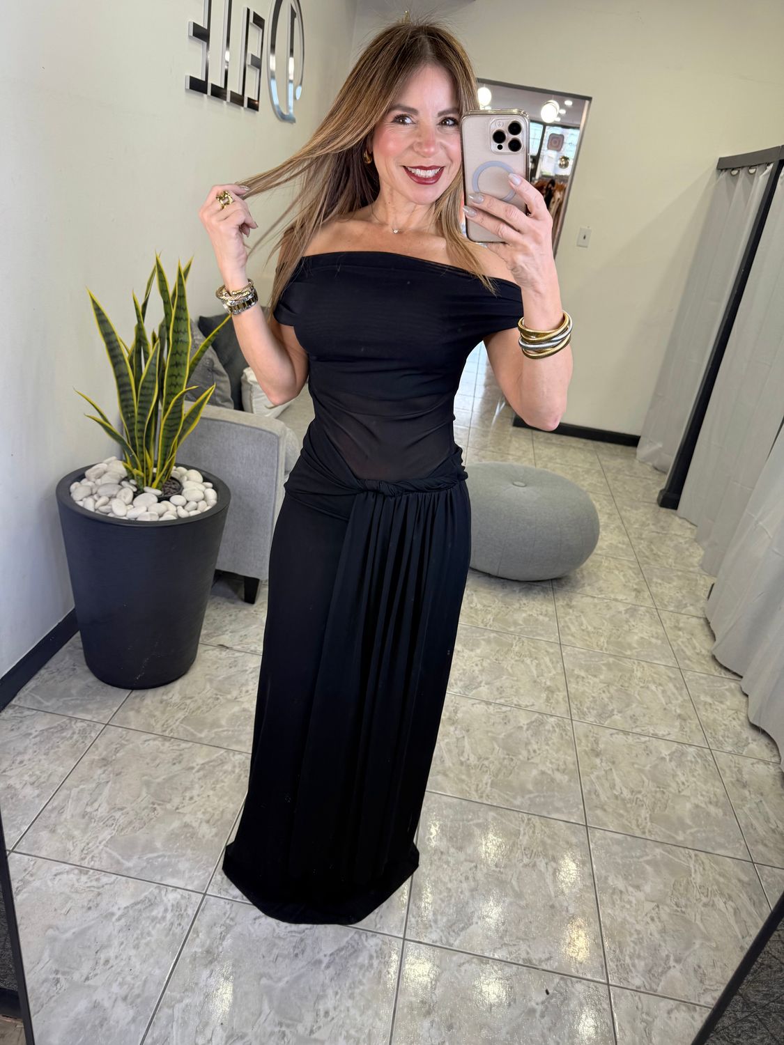 Black Mesh Drape Twist Maxi Dress