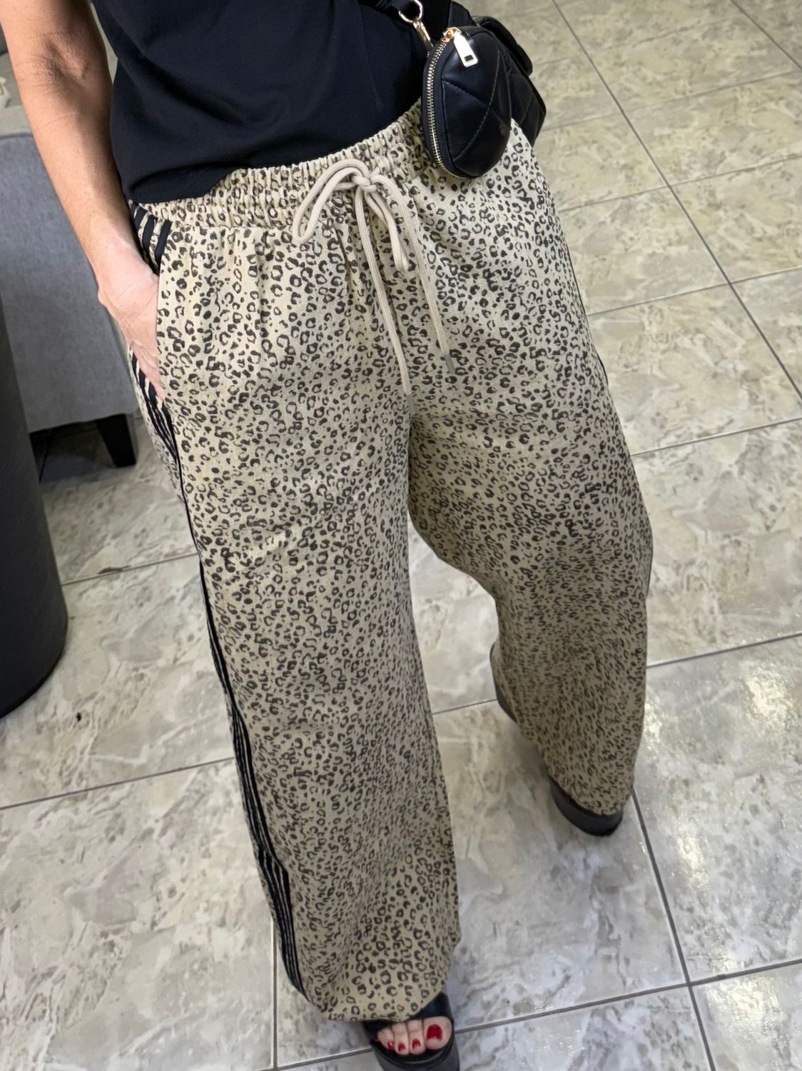Sand Strip Trim Animal Print Pants