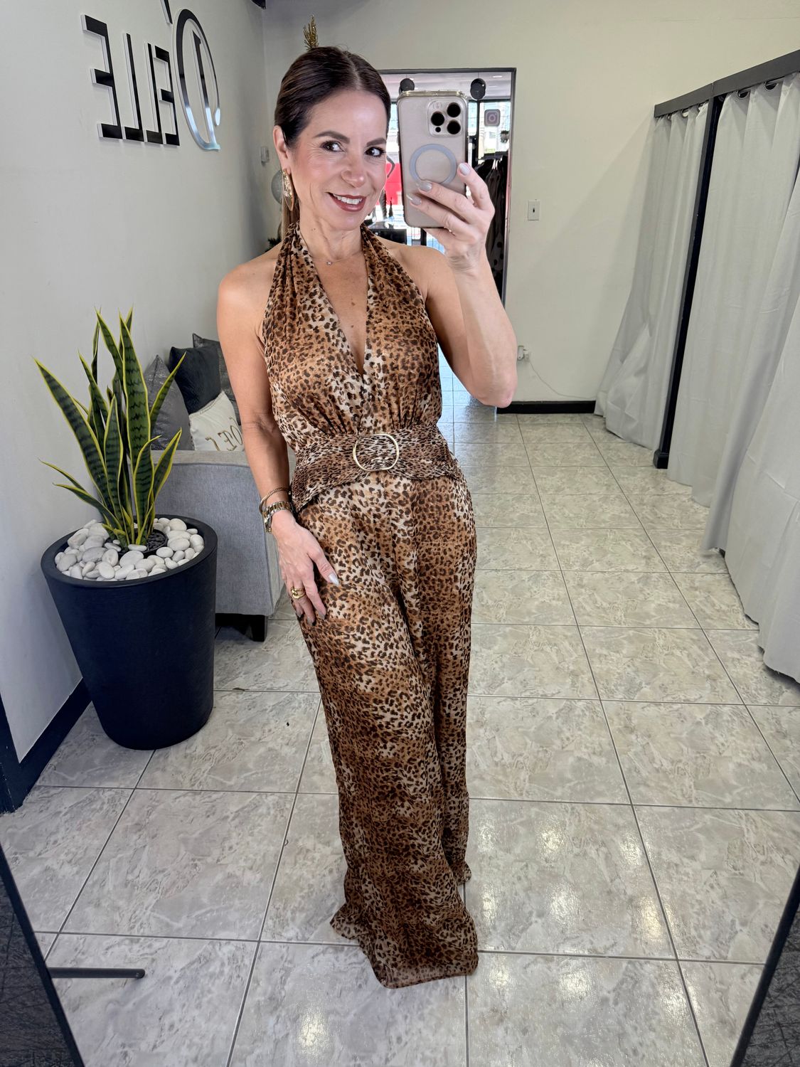 LT Beige/Brown Animal Print Halter Jumpsuit 