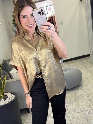 Gold Or Pearl Metallic Button Up Short Sleeves Top