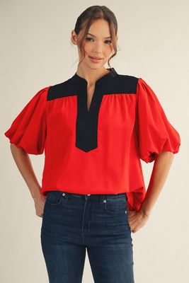 Red/Black Puff Sleeves Top
