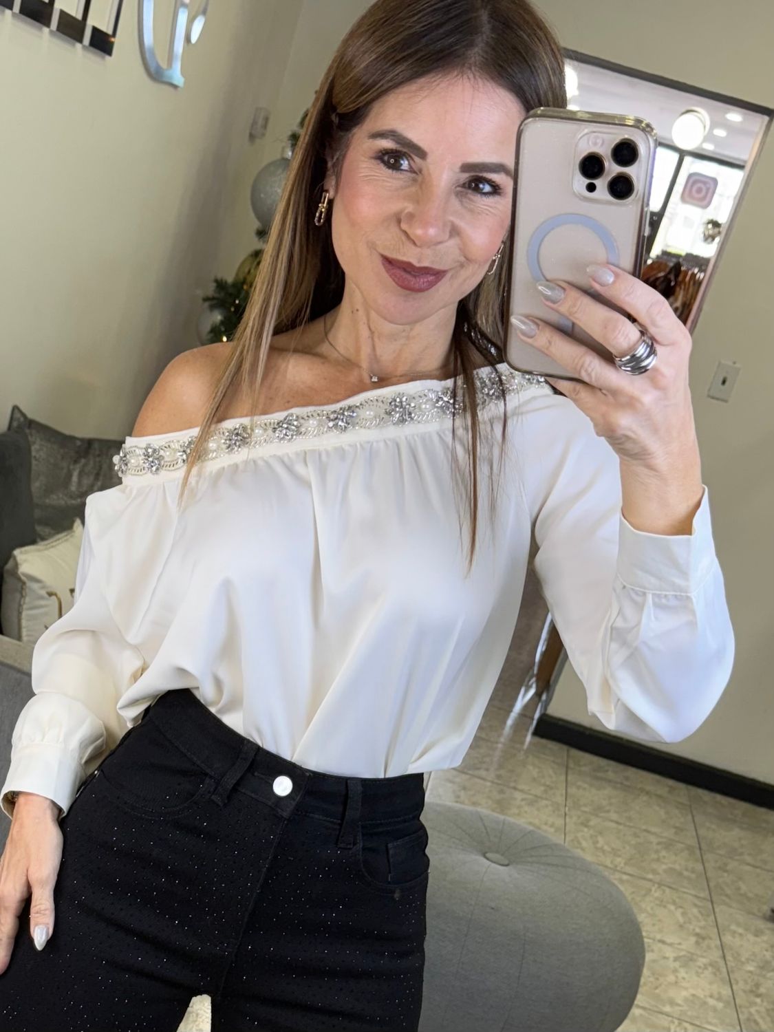 Beige Sparkling Trim Top