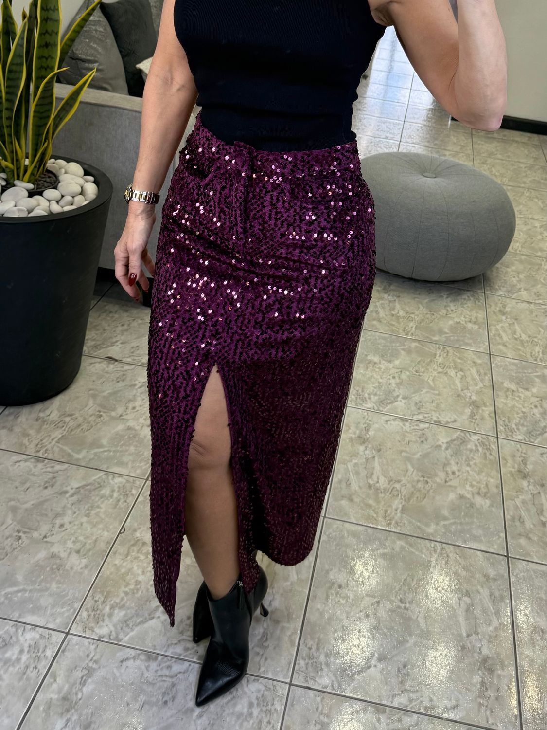 Burgundy Midnight Sequins Pencil Skirt