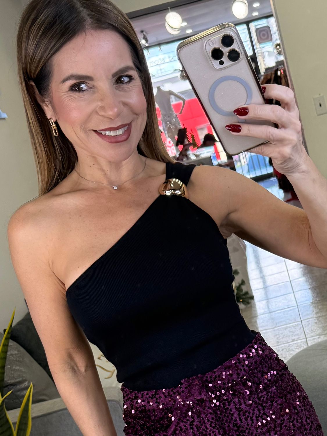 Black One Shoulder Gold Detail Top