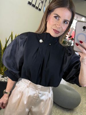 Black Pearl Detail Satin Sleeves Top