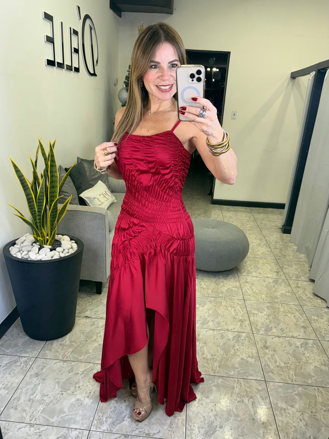 Black Or Burgundy Ruched Satin Maxi Dress