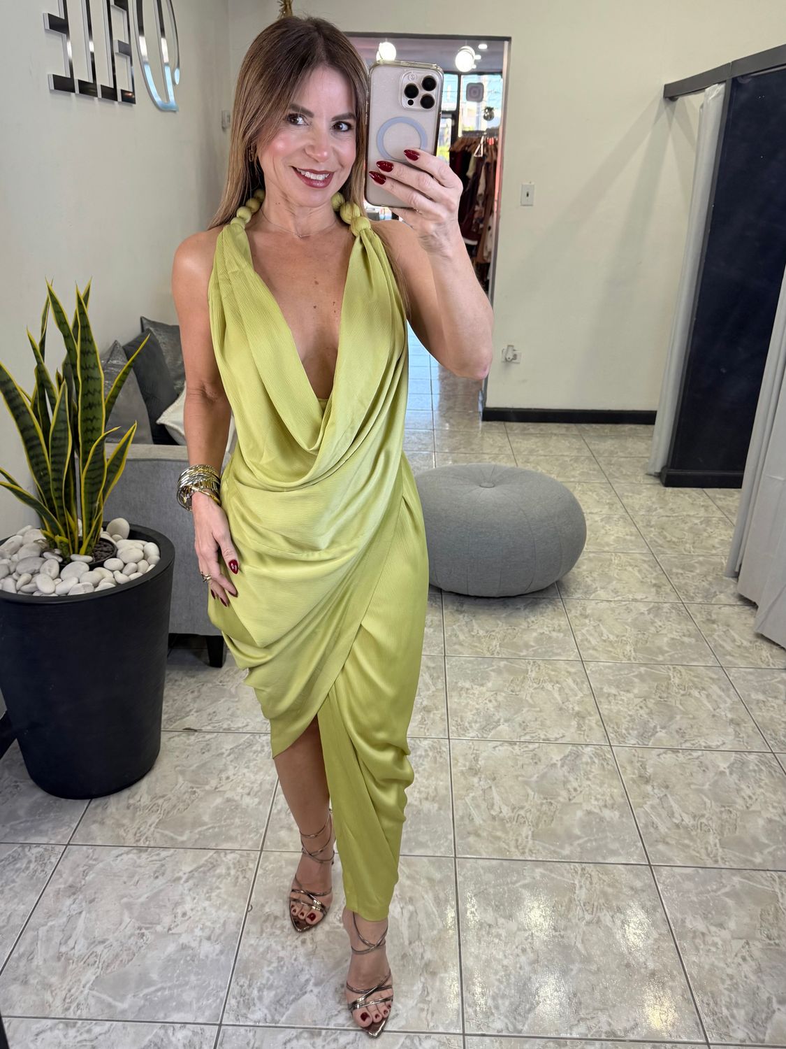 Lime Drape Midi Dress