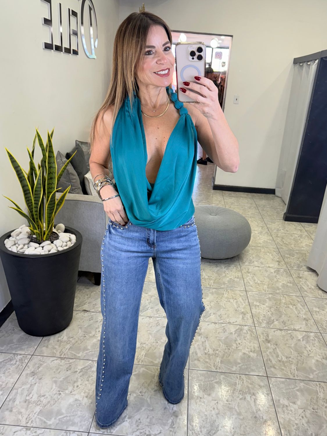 Teal Halter Back Less Top