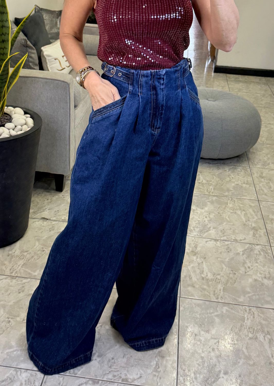 D Blue Side Buckle Detail, Pockets And Wide Leg Jeans