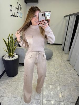 Beige Elowen Knit Long Sleeve Top And Pants Set