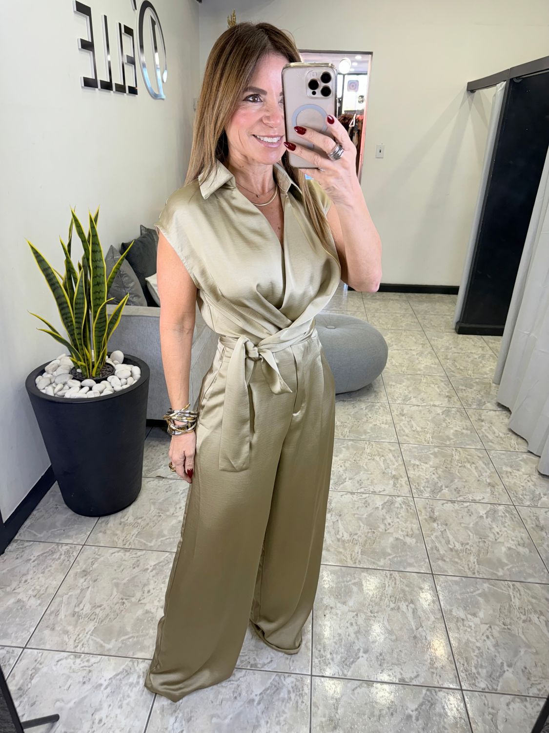 LT Taupe V Neck Waisted Wrap Jumpsuit 