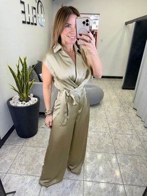 LT Taupe V Neck Waisted Wrap Jumpsuit 