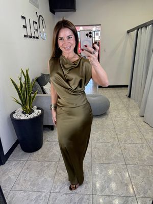 Olive Satin Long Dress
