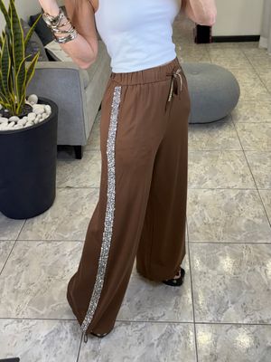 Brown Rhinestones Side Detail Pants