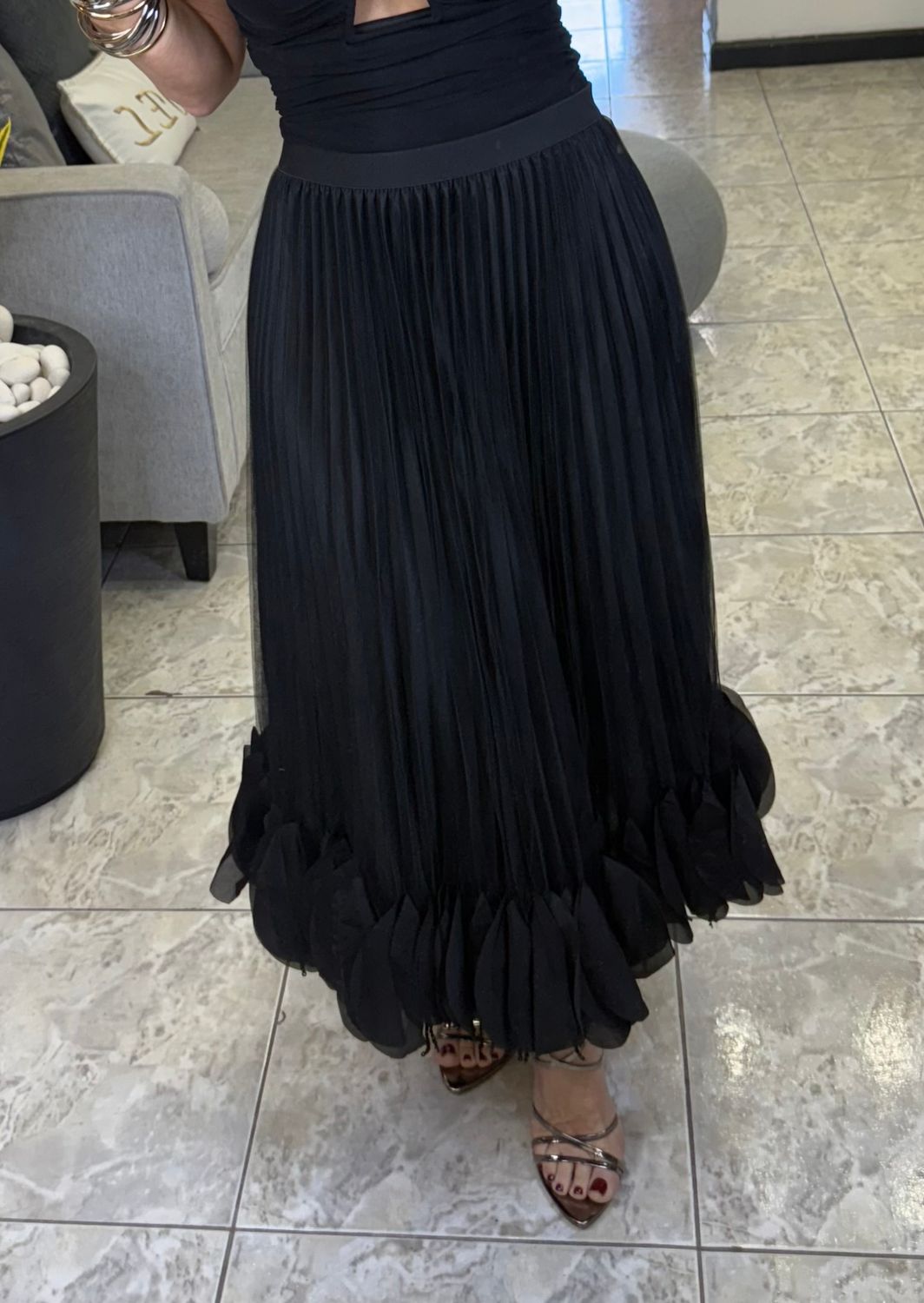 Black Layared Ruffle Beaded Hem Midi Skirt