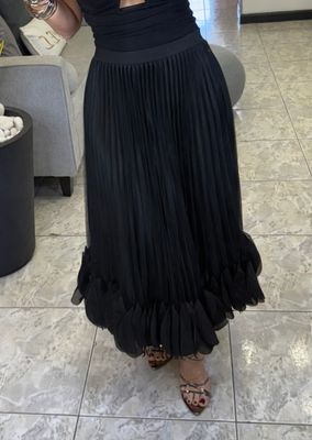 Black Layared Ruffle Beaded Hem Midi Skirt