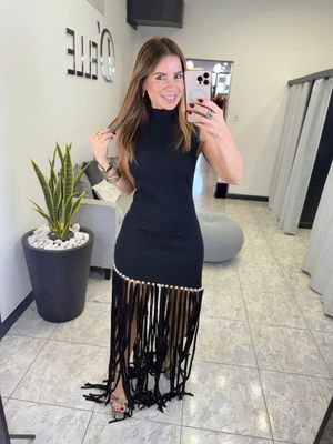 Black Pearl Detail And Fringes Maxi Dress 