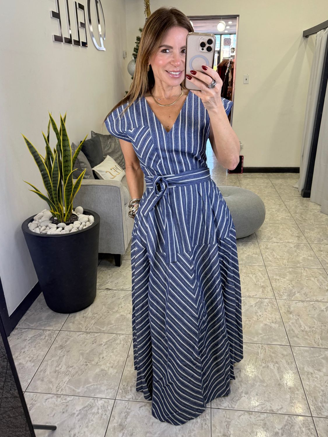 Navy Stripes V Neck Maxi Dress
