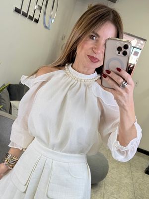 Ivory Long Sleeve Ruffles And Pearls Details Top