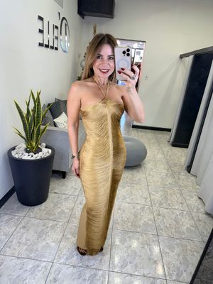 Gold Halter Neck Bandage Maxi Dress