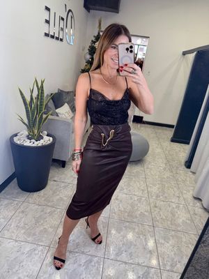 Brown Leather Gold Detail Skirt