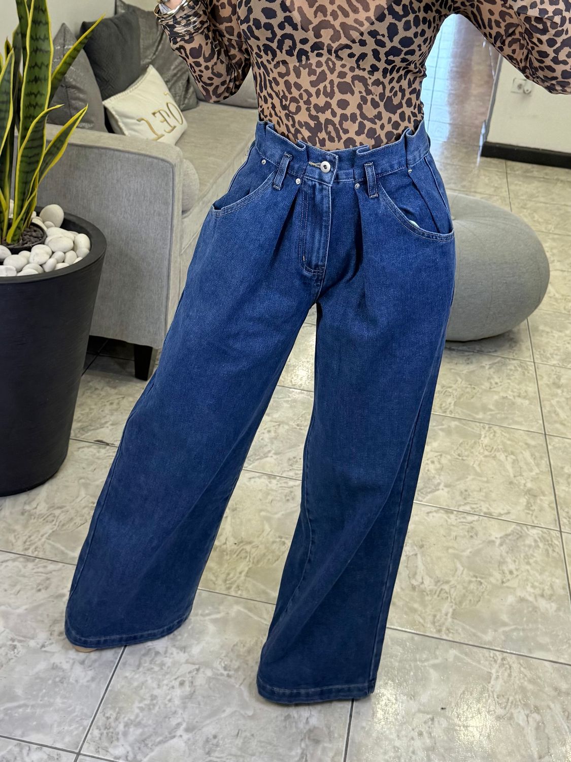 Indigo Denim Mid Rise Wide Leg Jeans
