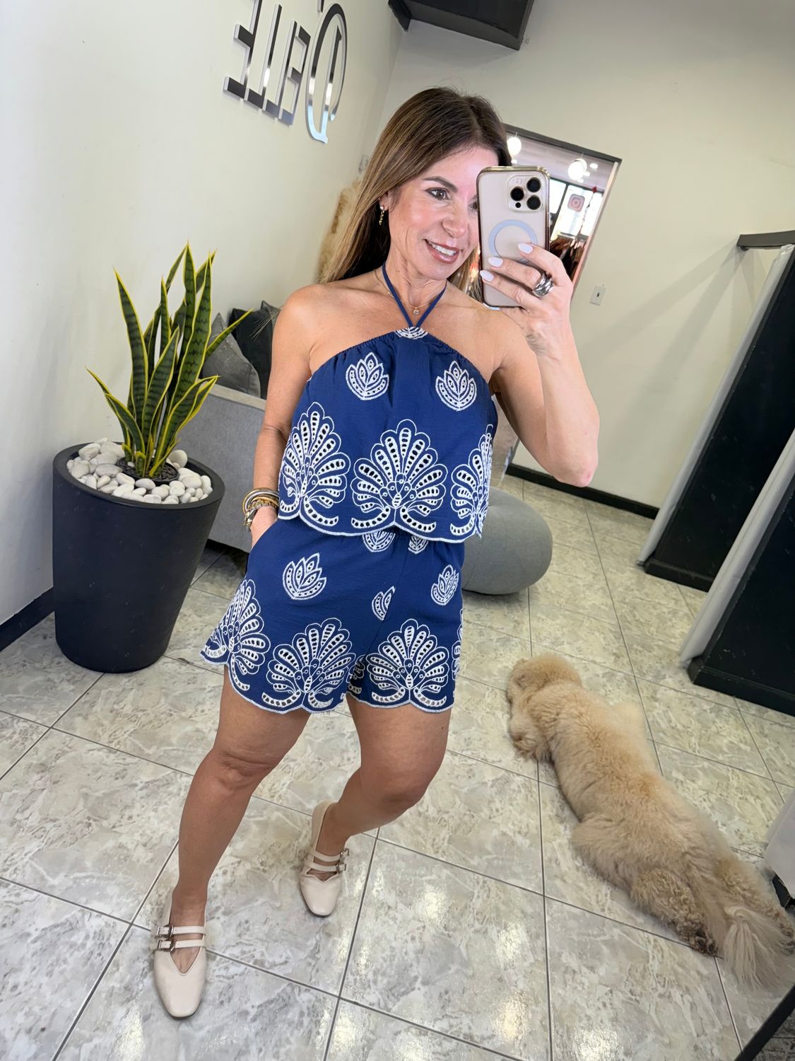 Navy Embroidery Romper