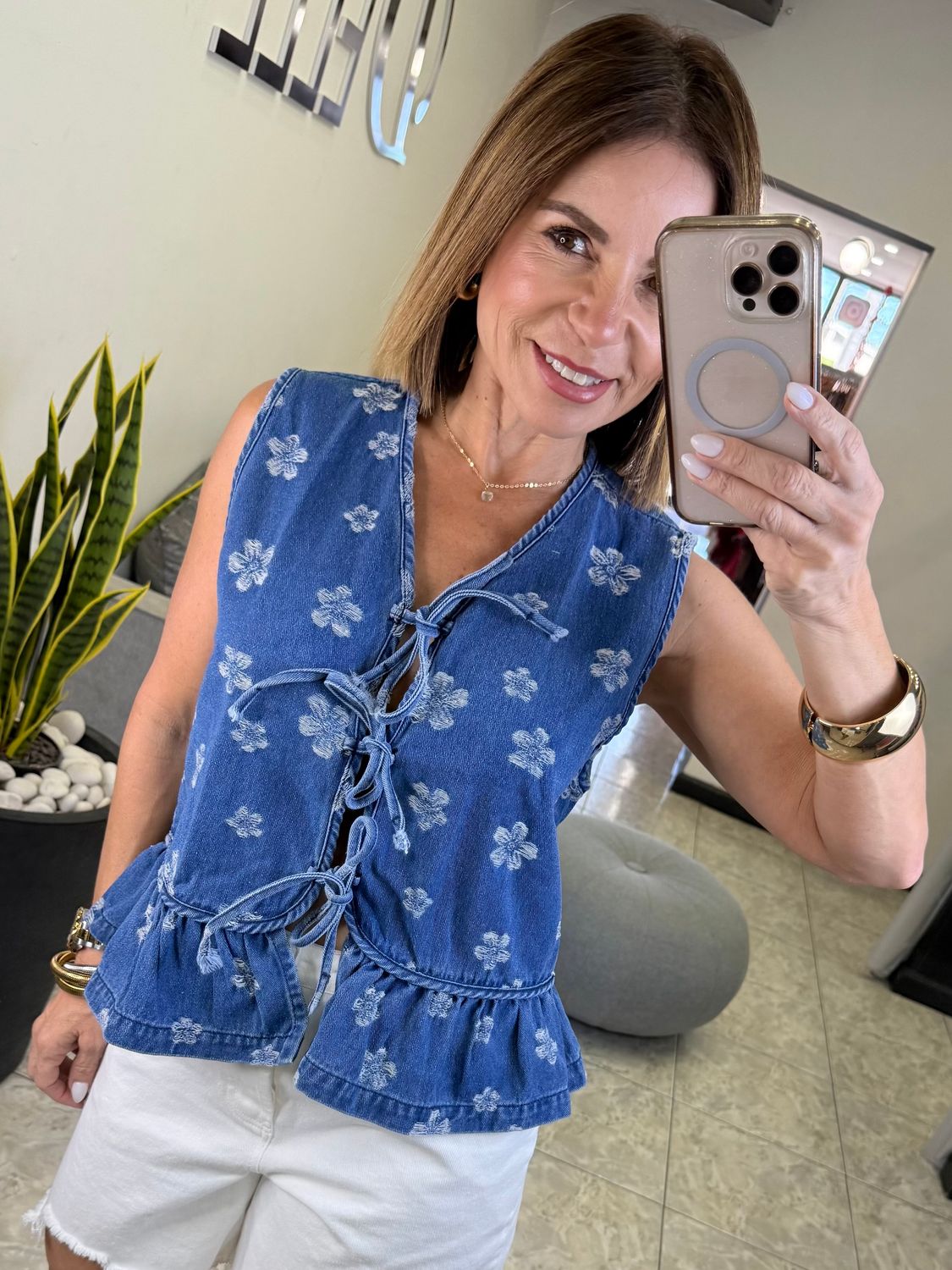 Denim Flower Detail Top