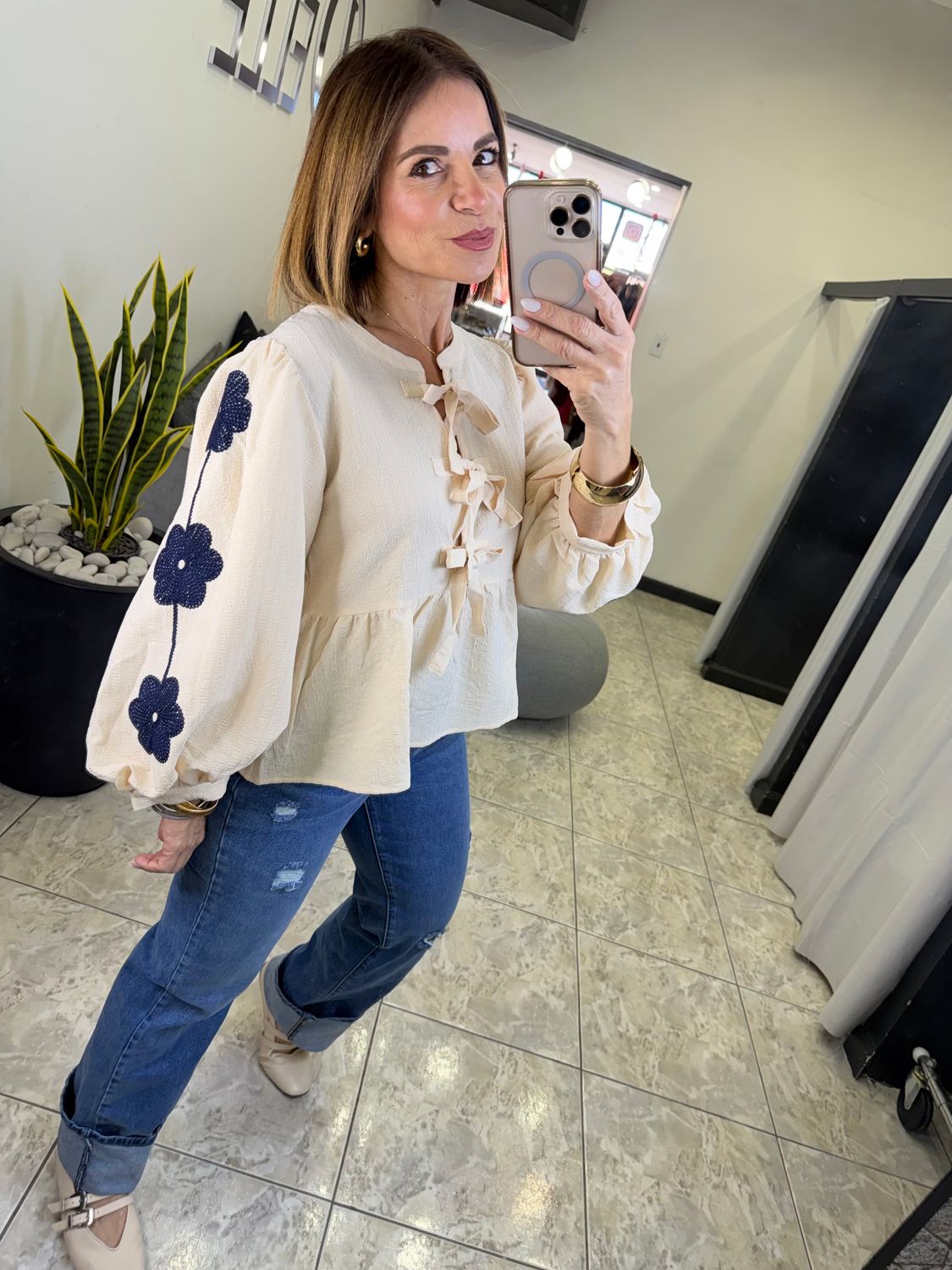 Cream Flower Navy Detail Top