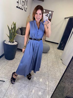 Denim Blue Button Down Maxi Dress With Self Belt