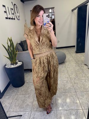 Khaki Taupe Lace Pant Set