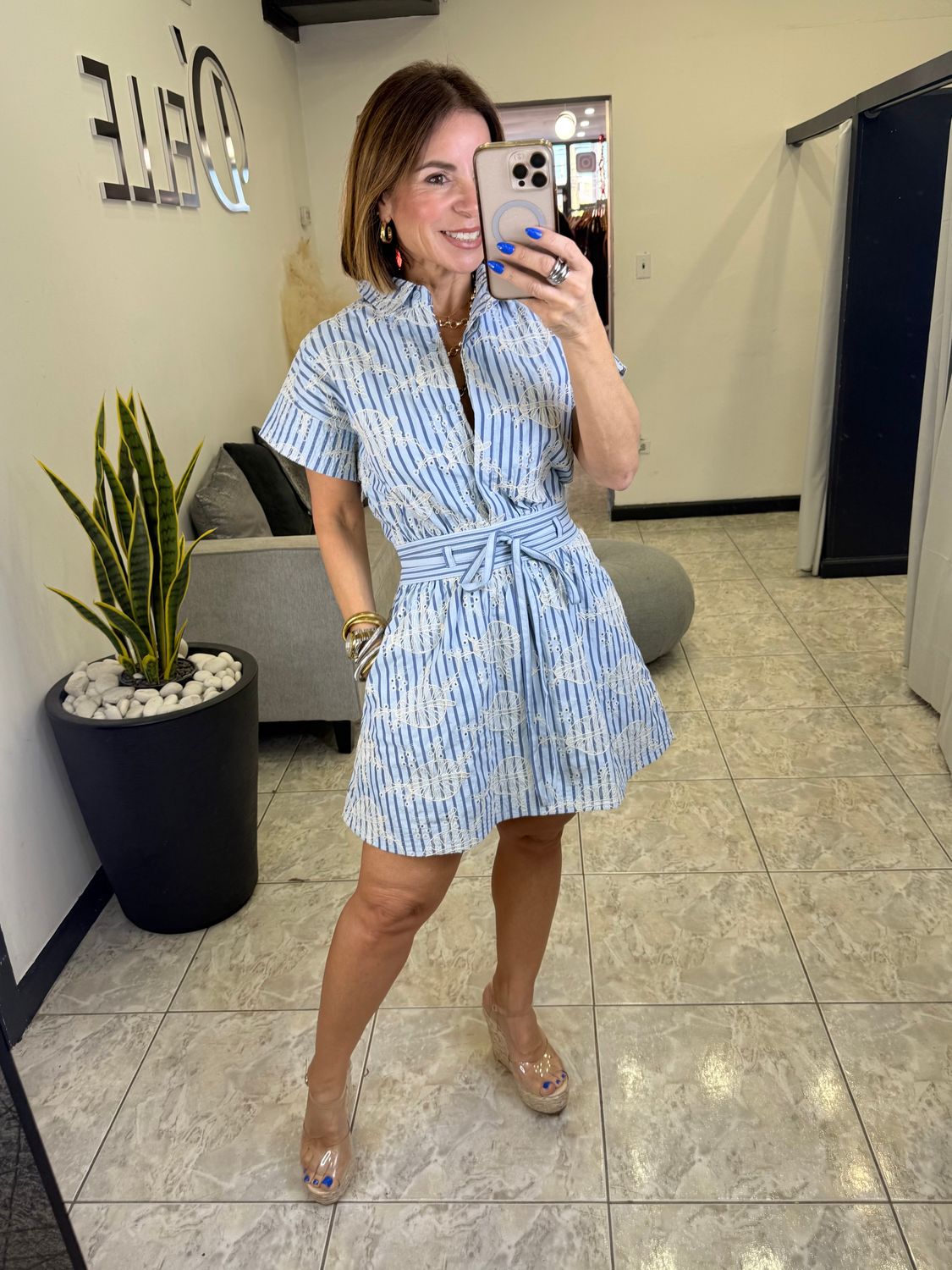 Blue Stripes Embroided Detail Dress