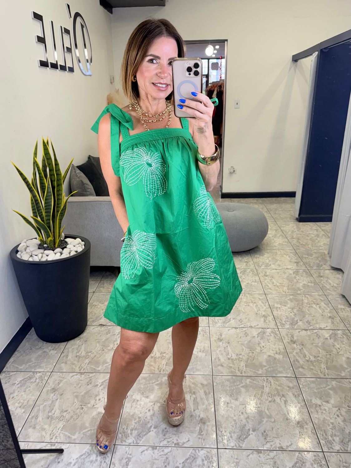 Emerald or Orange Embroided Short Dress