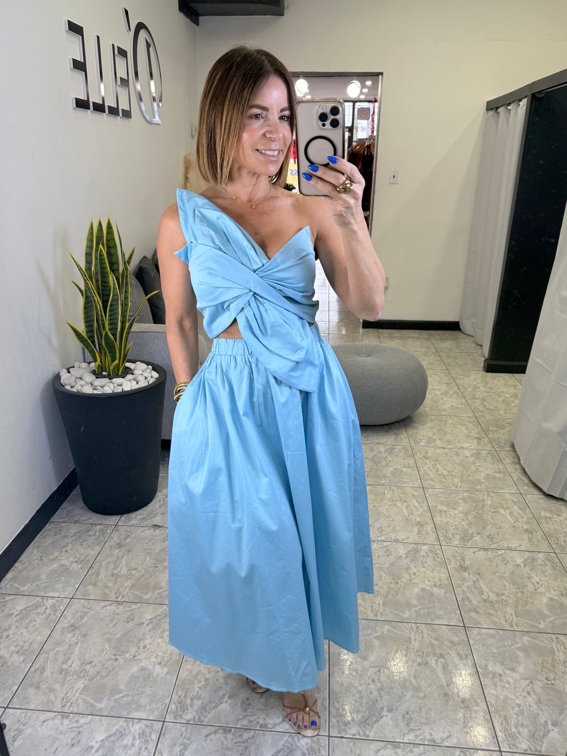 Blue Knotted Twist Long Dress