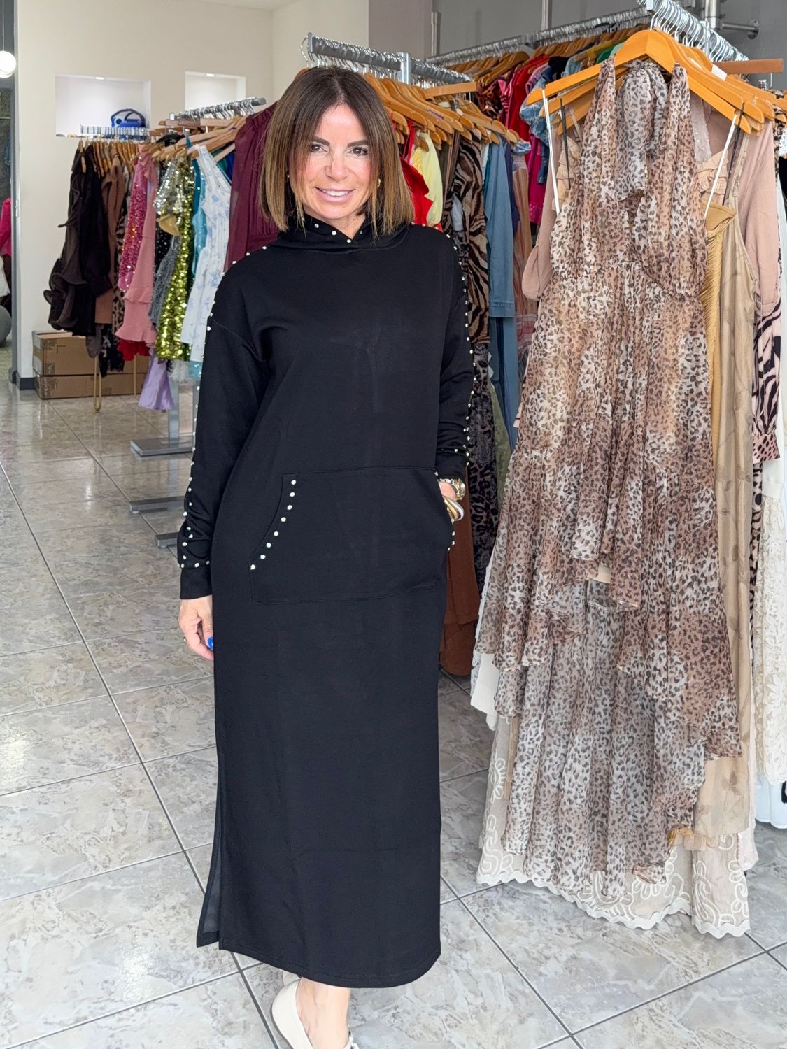 Black Hooded Pocket Dress