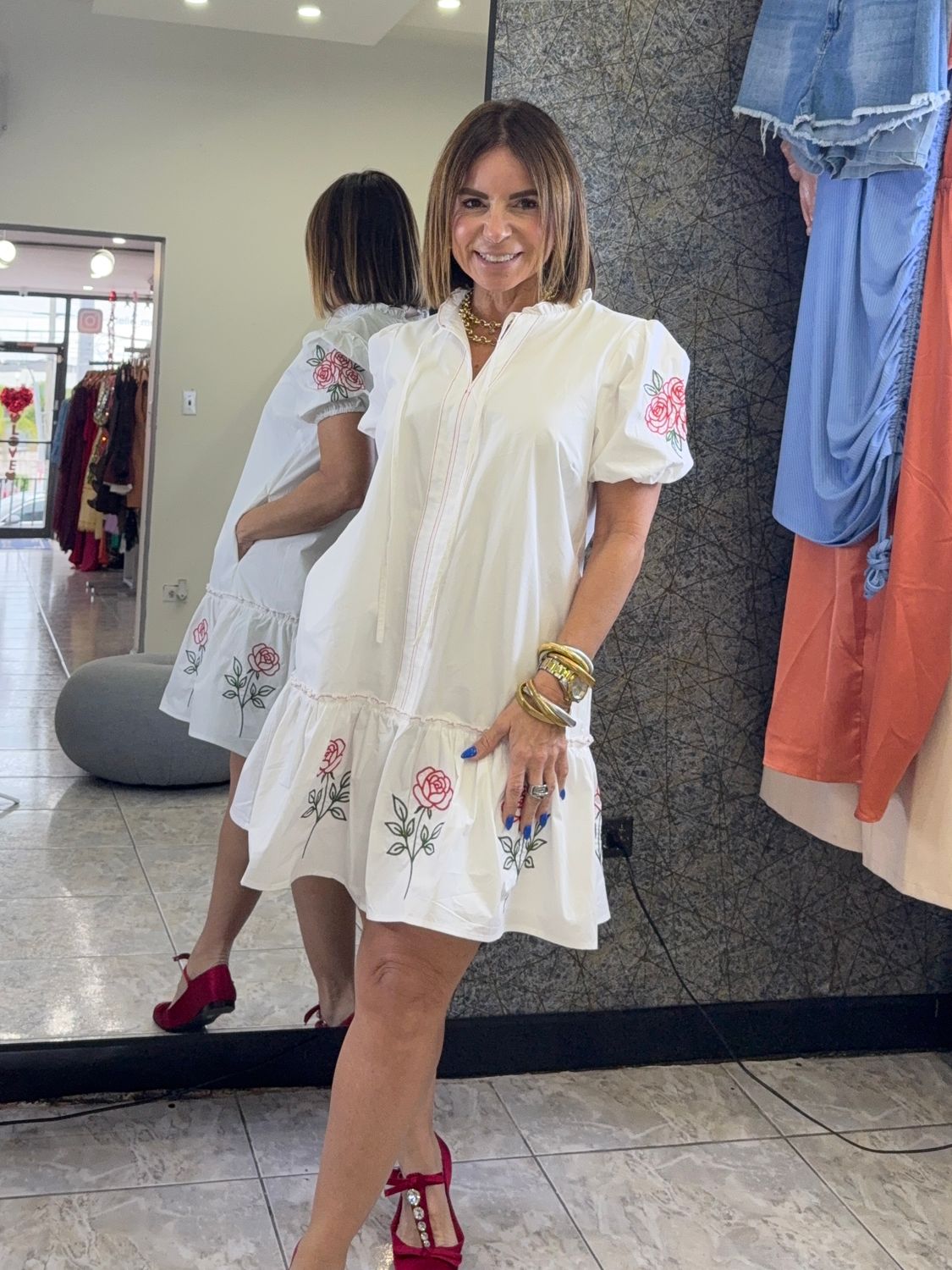 White Mini Dress Rose Embroidery