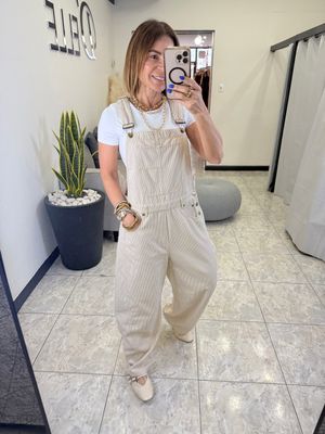 Taupe-White Stripes Barrel Overol