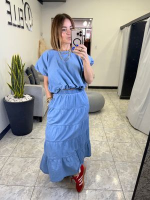 Washed Denim Crop Top And Maxi Skirt Set