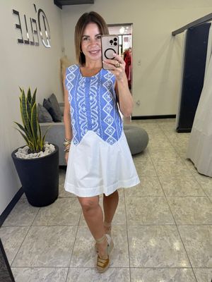 Blue/Off White Embroidered Mini Dress