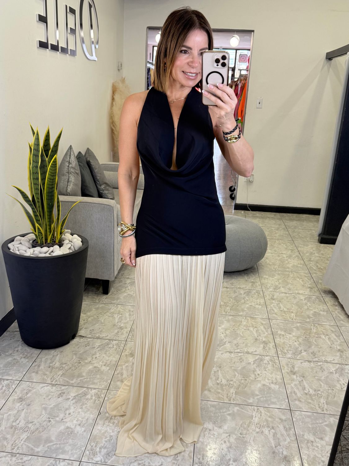 Black/Ivory Halter Crepe Dress