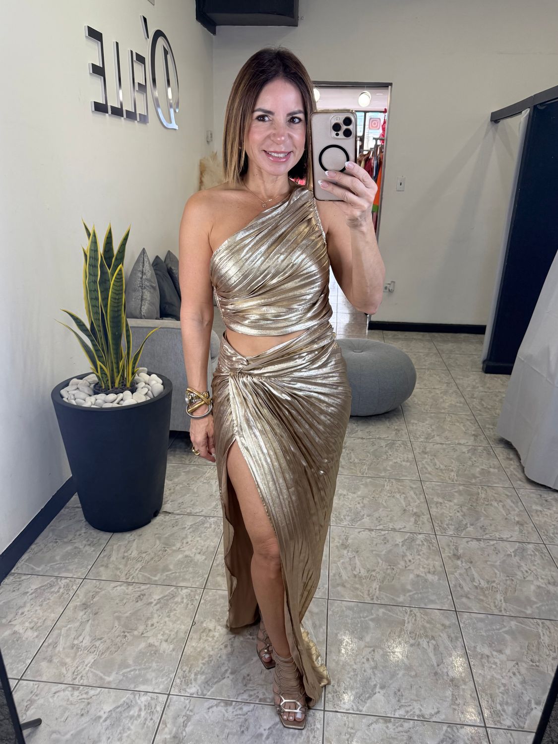 Gold Pleated Detail Skirt Set