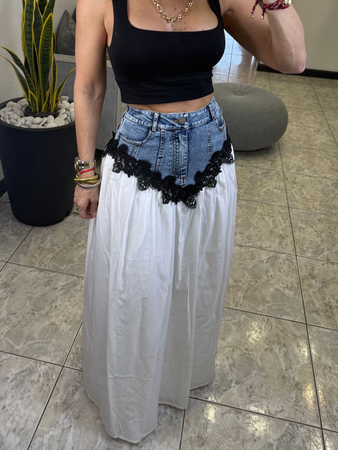 Medium Denim Blue Contrast Maxi Skirt