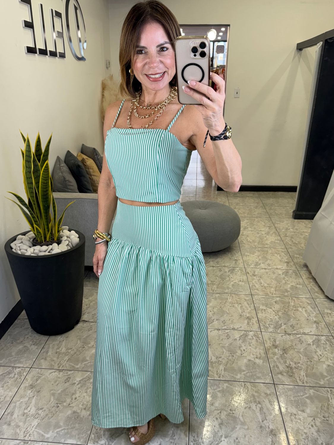 Green/White Stripes Skirt Set