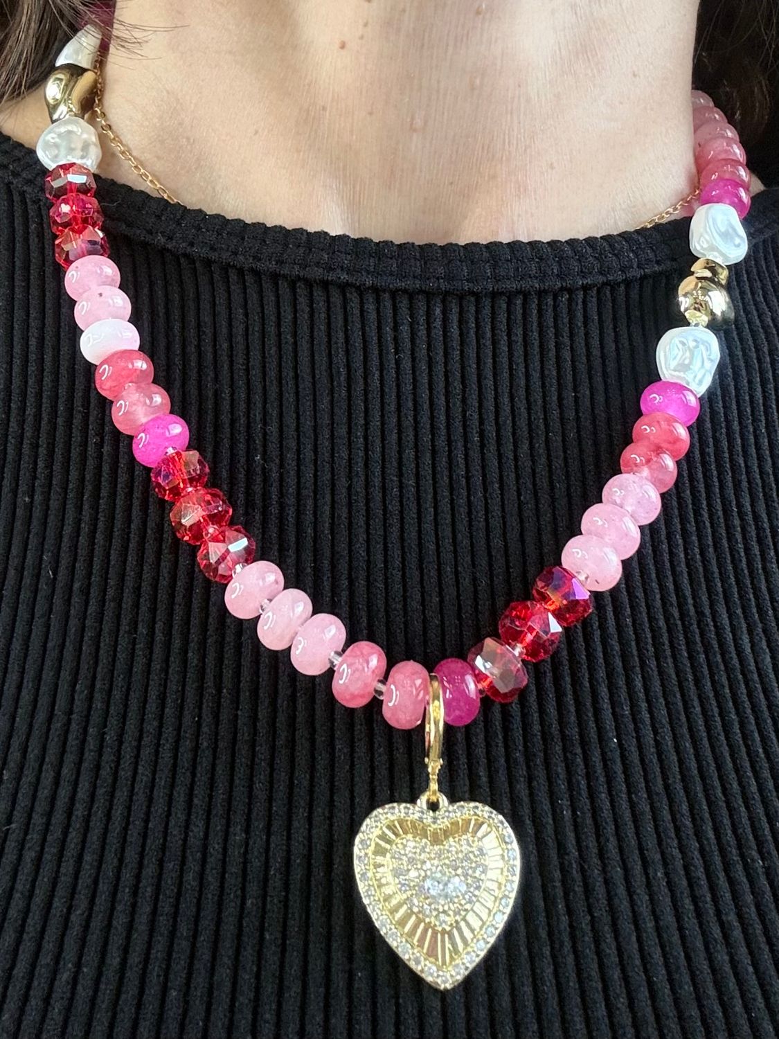 Pink Beaded Heart Detail Necklace