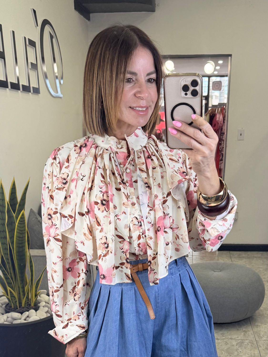 Ivory-Pink Flower Detail Blouse
